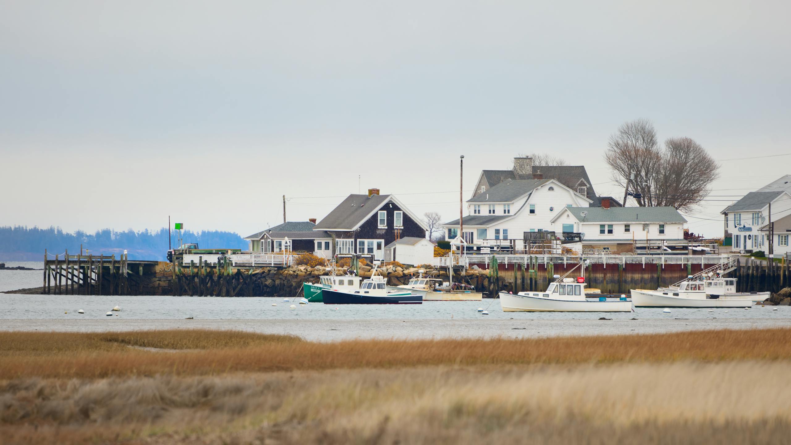Quaint coastal town view with boats and homes in Biddeford, Maine, USA.